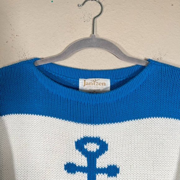 Vintage Jantzen Nautical Sweater 3/4 Sleeve Medium Blue White Stripe Crochet - Picture 6 of 7